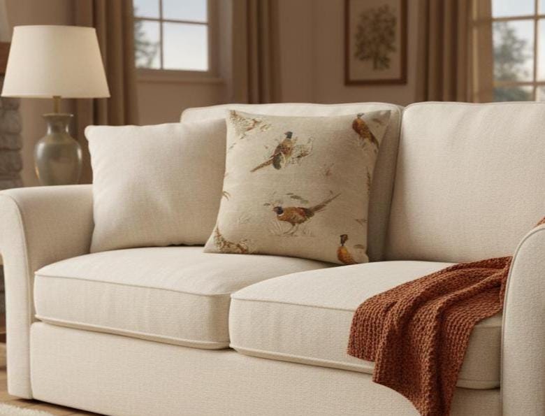 Rustic Pheasant Pattern Cushion Cover , Beige Throw Pillow , Handmade UK