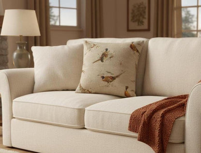 Rustic Pheasant Pattern Cushion Cover , Beige Throw Pillow , Handmade UK
