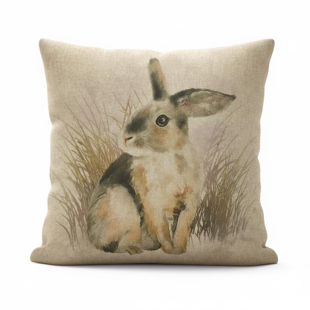 Meadow Rabbit Hare Watercolor Natural Beige Cushion Cover .