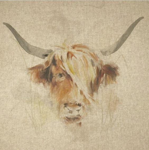 Highland Cow Watercolor Natural Cushion Cover
