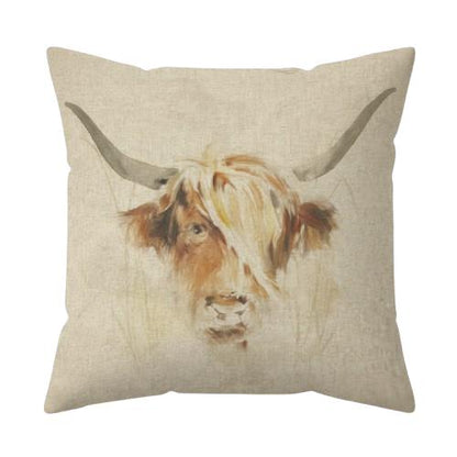 Highland Cow Watercolor Natural Cushion Cover