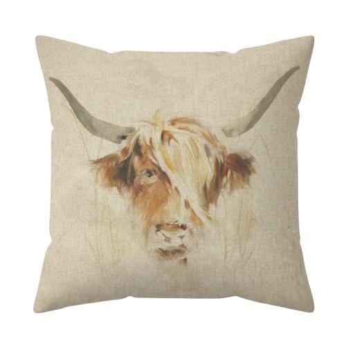 Highland Cow Watercolor Natural Cushion Cover