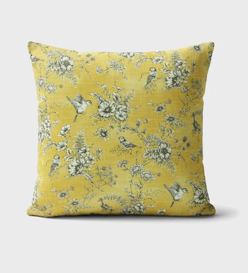 ILiv Finch Toile Yellow Buttercup Cushion Cover , Bird Floral Throw Pillow , Handmade UK