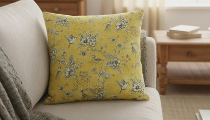 ILiv Finch Toile Yellow Buttercup Cushion Cover , Bird Floral Throw Pillow , Handmade UK