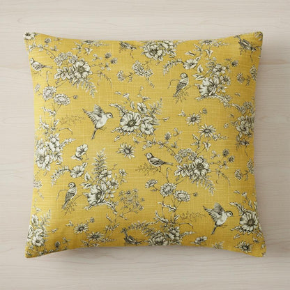 ILiv Finch Toile Yellow Buttercup Cushion Cover , Bird Floral Throw Pillow , Handmade UK