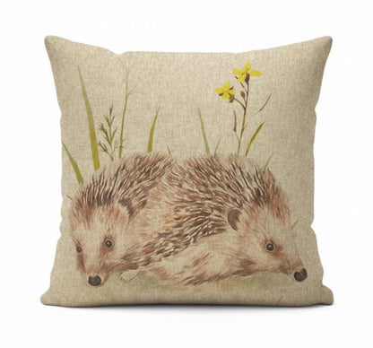 Meadow Hedgehogs Watercolor Natural Cushion Cover