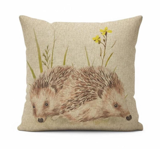 Meadow Hedgehogs Watercolor Natural Cushion Cover