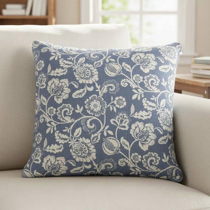 Eliza Tapestry Flowers Cushion Cover , Chambray Blue Throw Pillow , Handmade UK