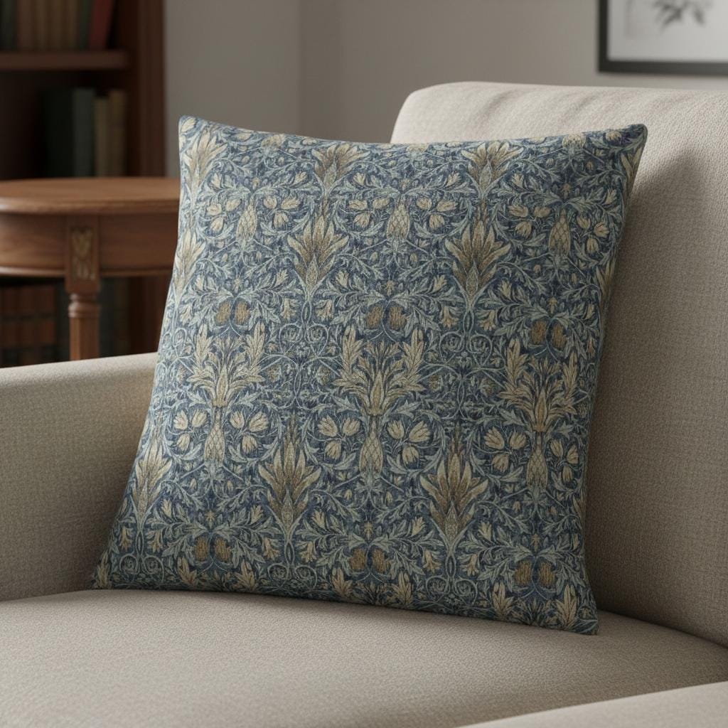 William Morris Snakeshead Cushion Cover , Floral Denim Blue Throw Pillow , Handmade UK