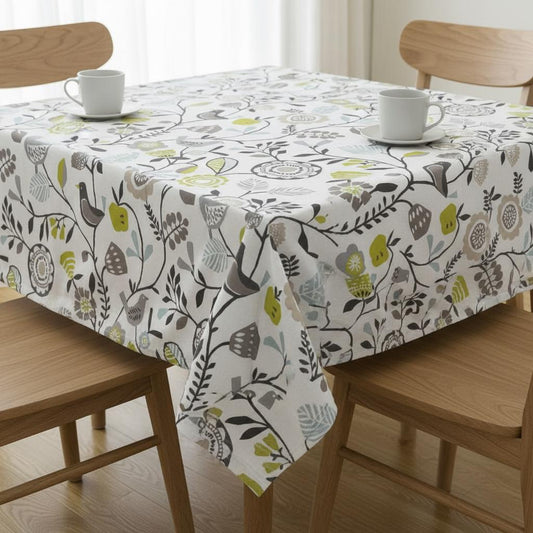 Scandi Birds Tablecloth , Folki Chartreuse Charcoal Table Cover , Round Oval Square Rectangle Square , Handmade UK
