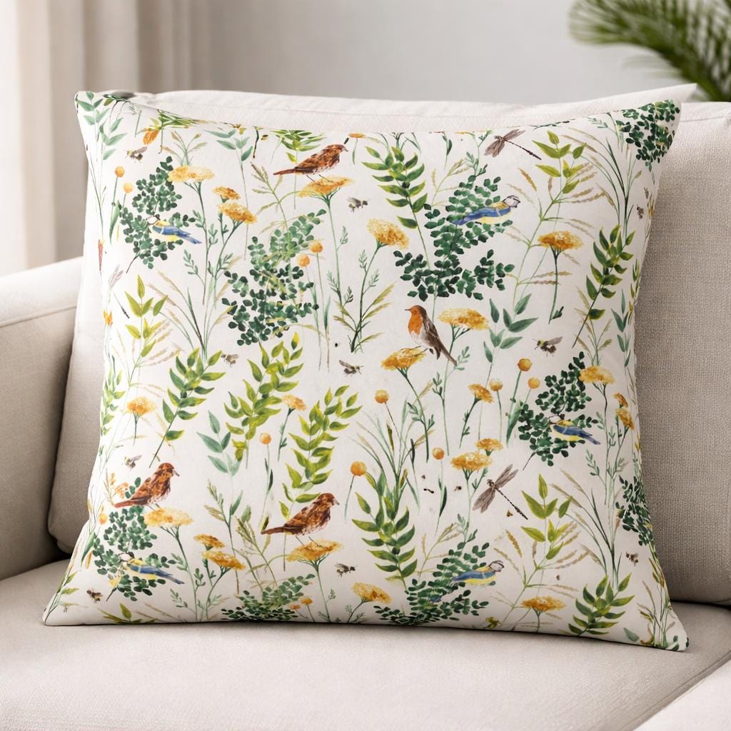 Gardenia Summer Birds Floral Cushion Cover , Handmade Cotton Throw Pillow UK
