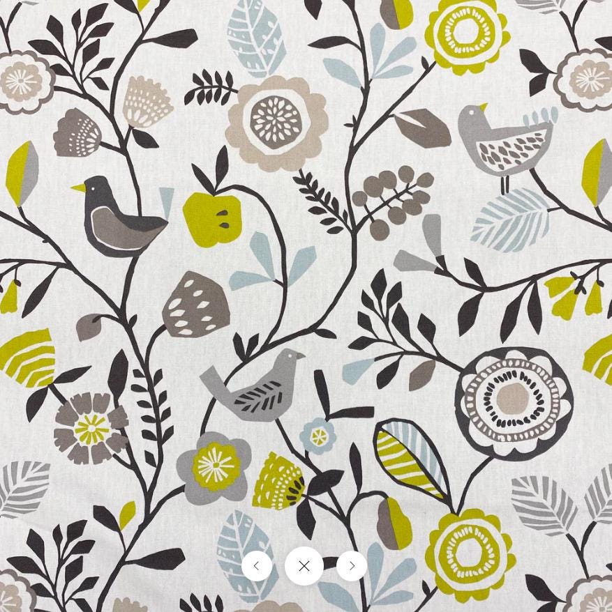 Folki Scandi Cushion Cover Bird Floral Chartreuse Charcoal Green , Handmade UK