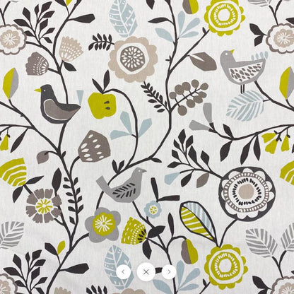 Folki Scandi Cushion Cover Bird Floral Chartreuse Charcoal Green , Handmade UK