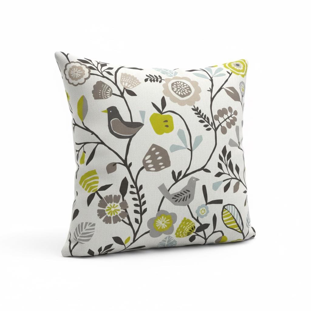 Folki Scandi Cushion Cover Bird Floral Chartreuse Charcoal Green , Handmade UK