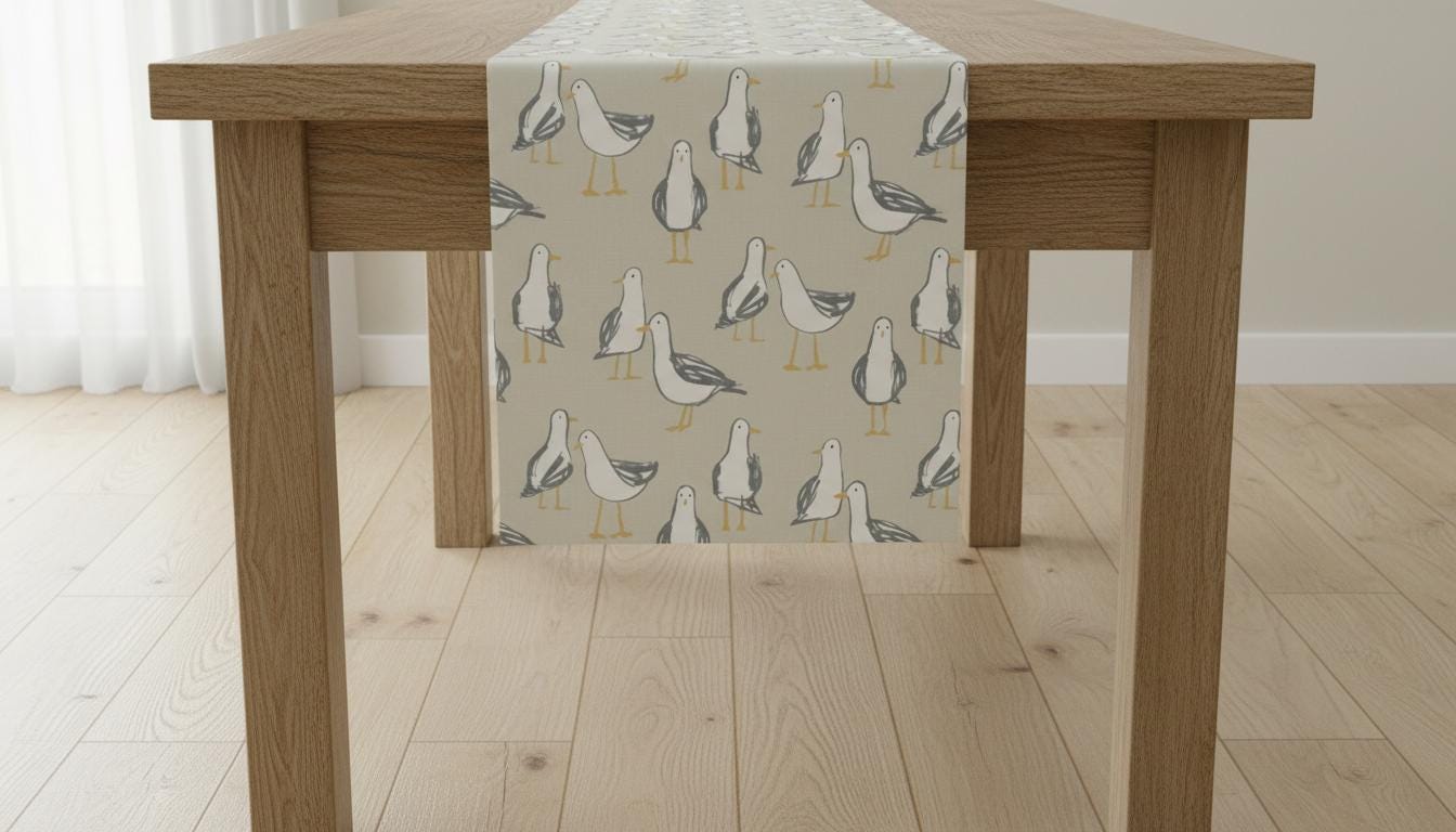 Coastal Seagull Laridae Beige Table Runner, Nautical Marine Seaside Design, Handmade UK