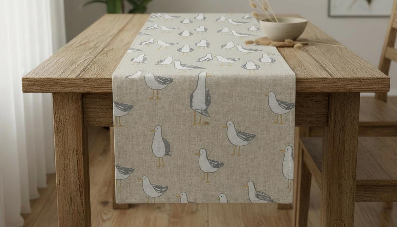 Coastal Seagull Laridae Beige Table Runner, Nautical Marine Seaside Design, Handmade UK