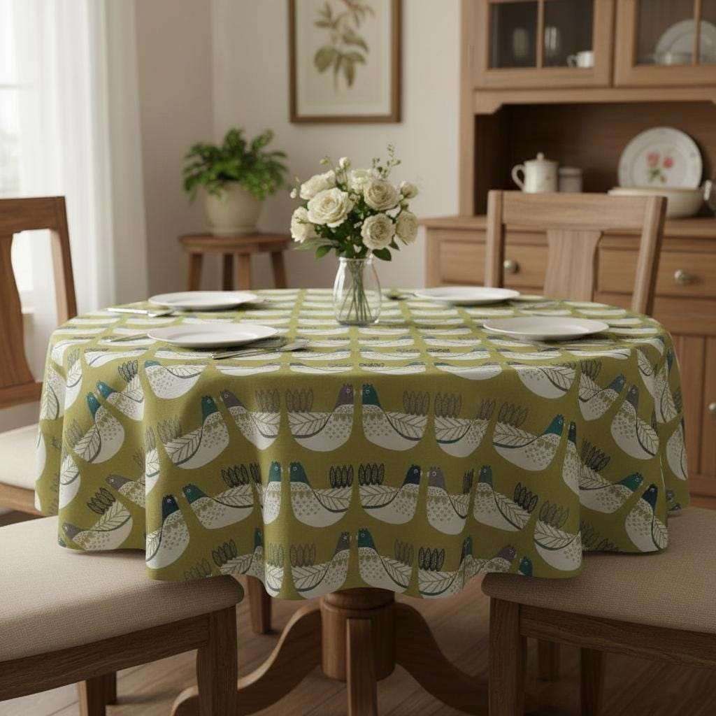 Cluck Cluck Hens Chicken Capri Green Cotton Tablecloth , Handmade Uk