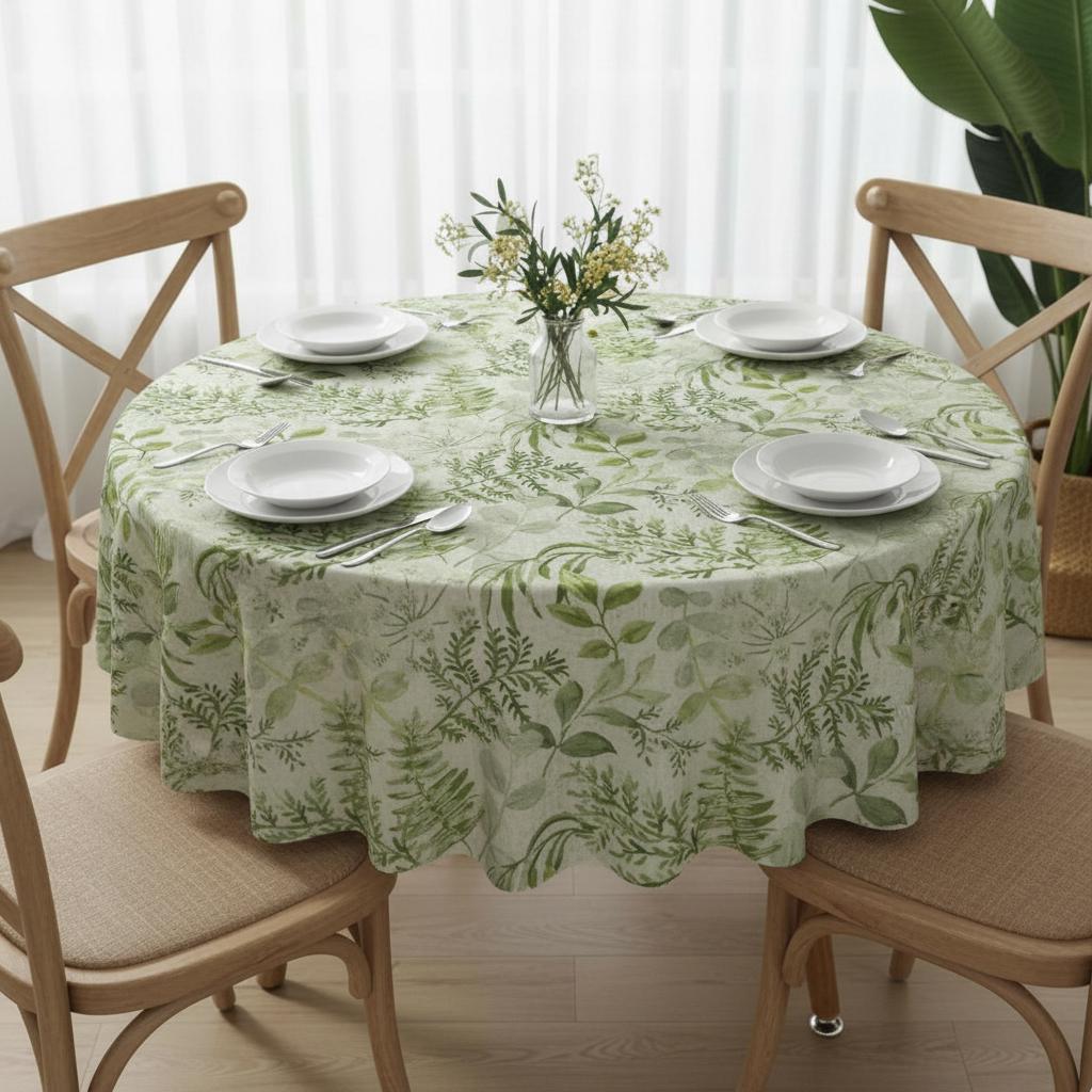Elegant Green Botanical Leaf Floral Tablecloth, Oval Round Rectangle, Handmade UK