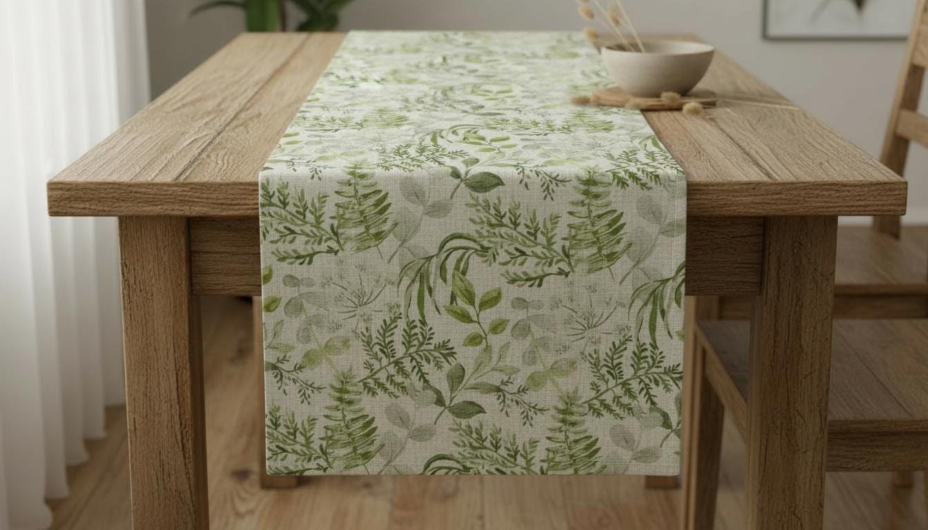Elegant Green Botanical Leaf Floral Table Runner Napkins, Handmade UK