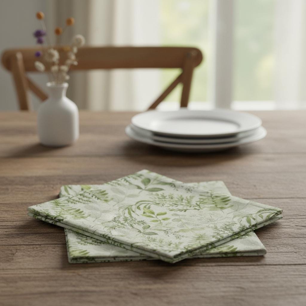 Elegant Green Botanical Leaf Floral Table Runner Napkins, Handmade UK