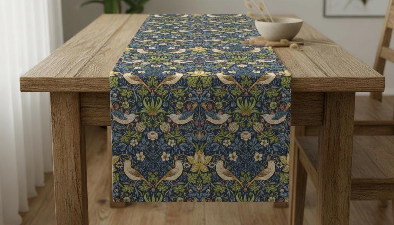 William Morris Table Runner Strawberry Thief Navy Blue, Cotton Napkins, Handmade UK