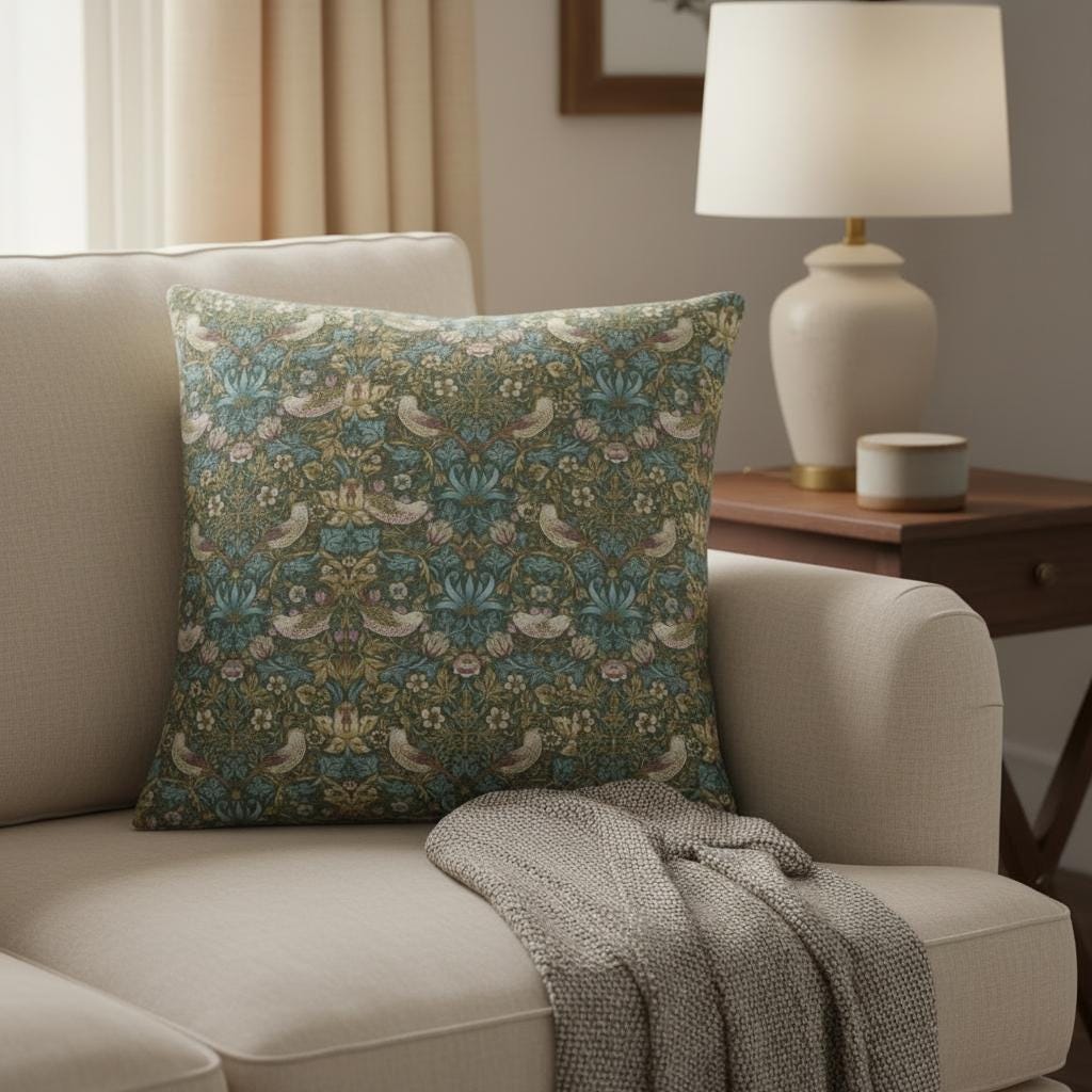 William Morris Strawberry Thief Teal Cushion Cover , Handmade UK