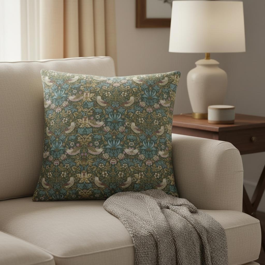 William Morris Strawberry Thief Teal Cushion Cover , Handmade UK