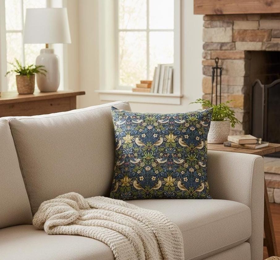 William Morris Strawberry Thief Navy Blue Cushion Cover , Handmade UK