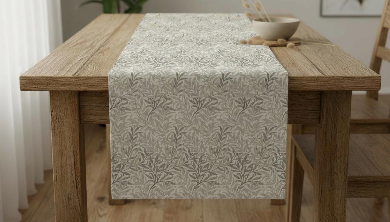 William Morris Table Runner Willow Bough Natural Beige, Cotton Napkins, Handmade in UK