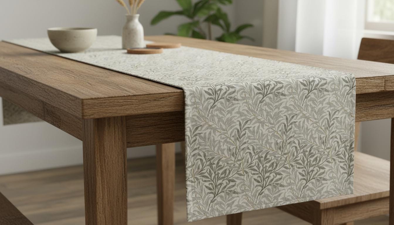 William Morris Table Runner Willow Bough Natural Beige, Cotton Napkins, Handmade in UK