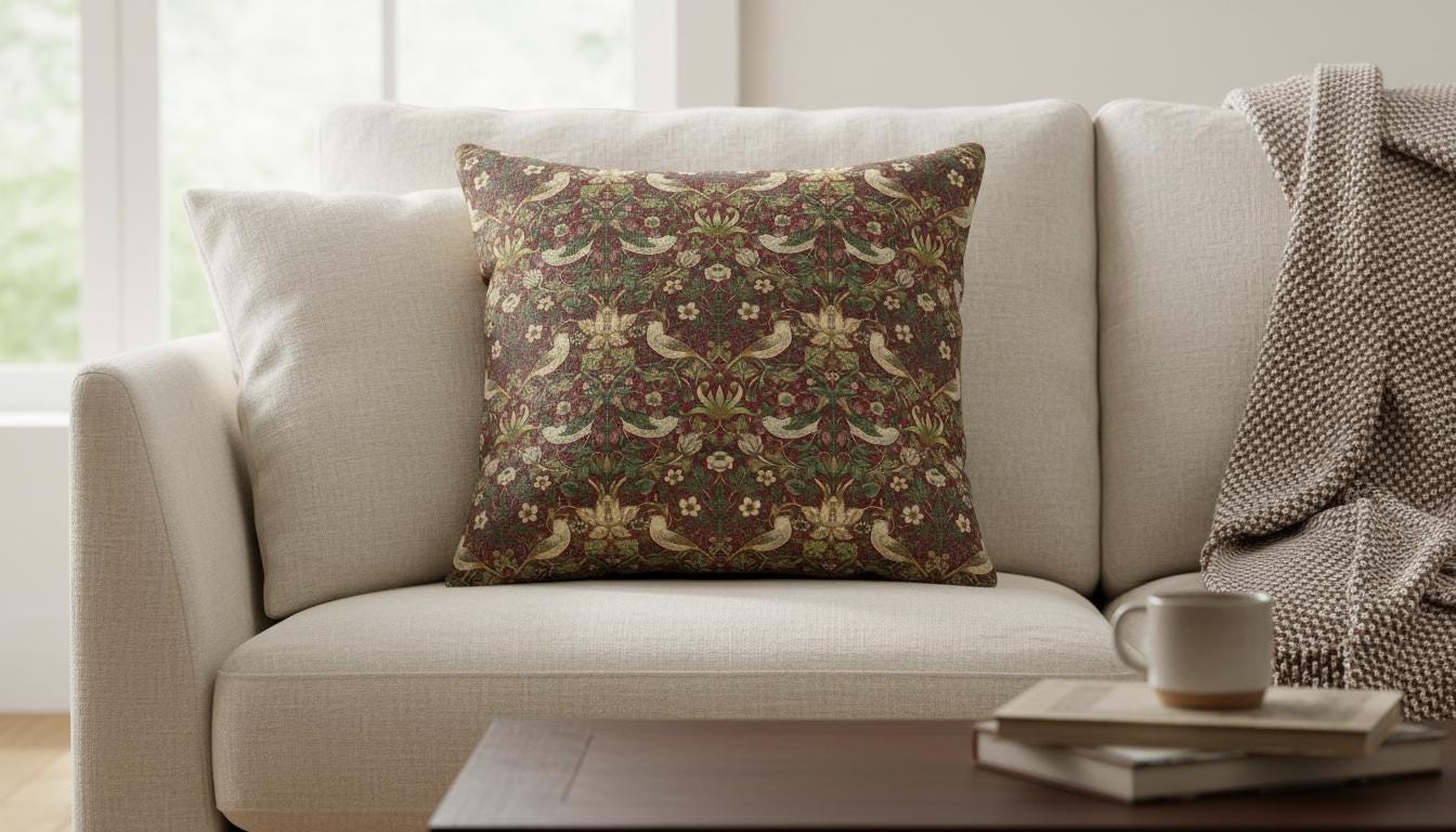 William Morris Strawberry Thief Cushion Cover , Crimson Red Throw Pillow , Handmade UK