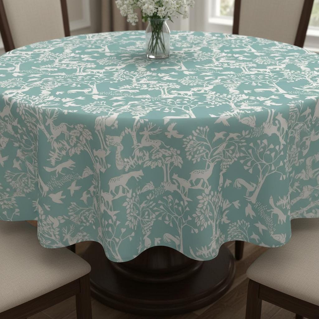 Woodland Forest Animals Tablecloth , Vilda Ice Blue Table Cloth , Round Oval Rectange , Handmade UK