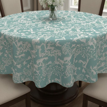 Woodland Forest Animals Tablecloth , Vilda Ice Blue Table Cloth , Round Oval Rectange , Handmade UK