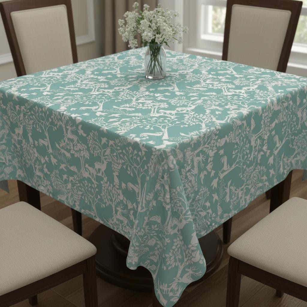 Woodland Forest Animals Tablecloth , Vilda Ice Blue Table Cloth , Round Oval Rectange , Handmade UK