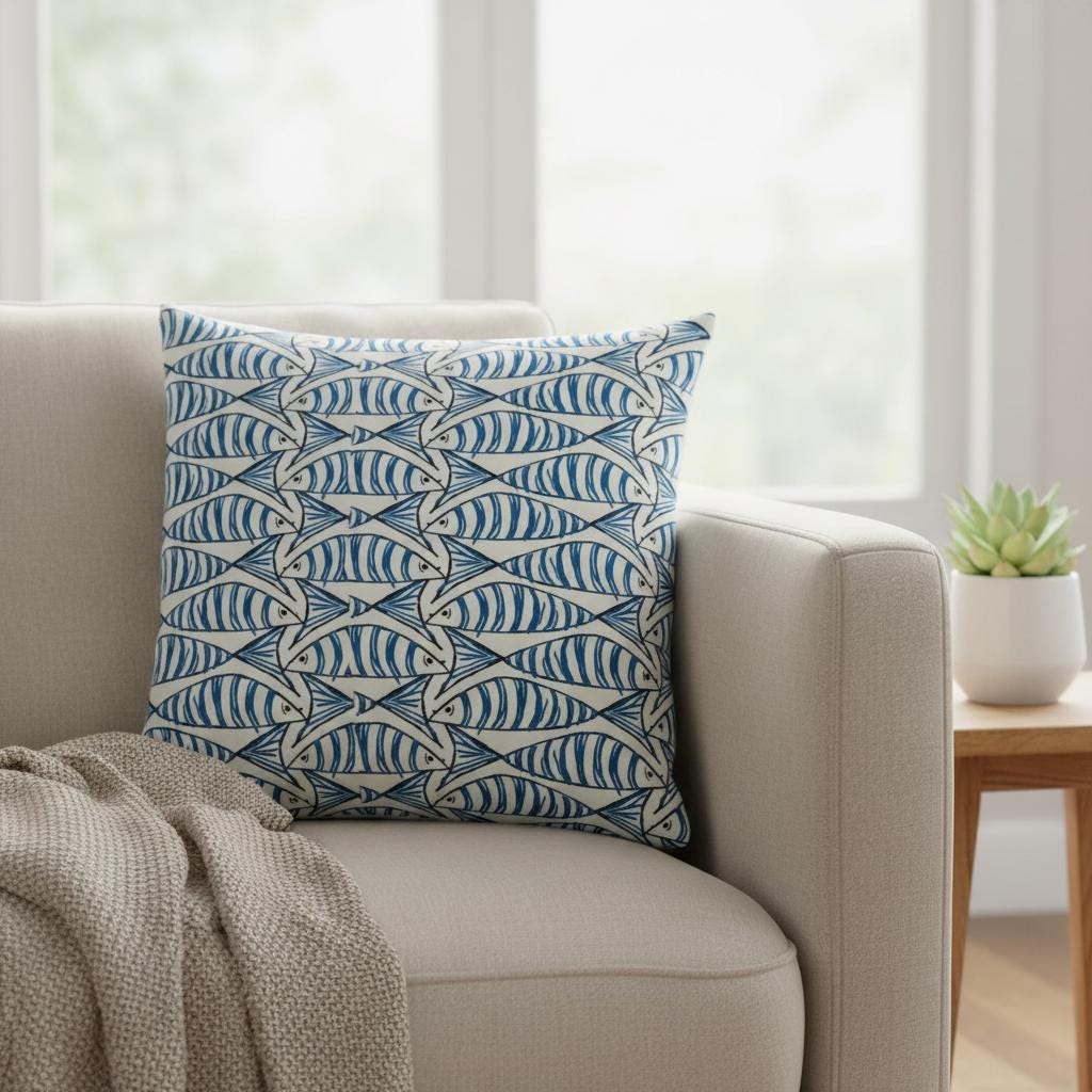 Cornish Sardines Sprats Cushion Cover , Seaside Fish Nautical Throw Pillow , Handmade UK
