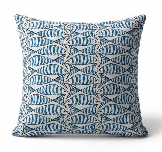 Cornish Sardines Sprats Cushion Cover , Seaside Fish Nautical Throw Pillow , Handmade UK