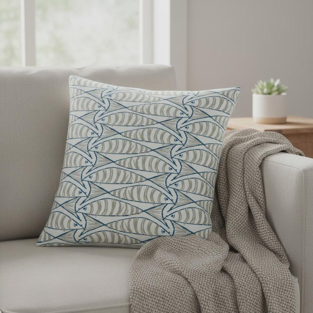 Cornish Sardines Sprats Cushion Cover , Seaside Fish Nautical Throw Pillow , Handmade UK
