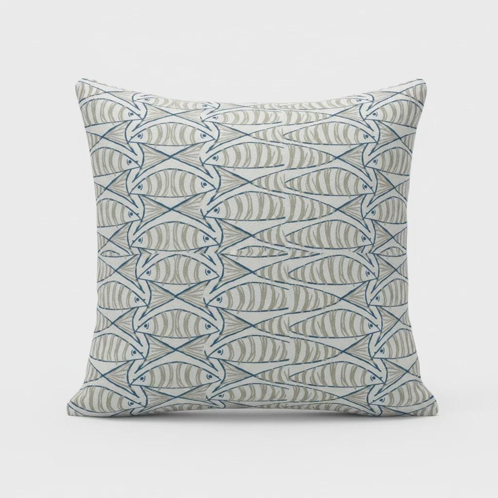 Cornish Sardines Sprats Cushion Cover , Seaside Fish Nautical Throw Pillow , Handmade UK
