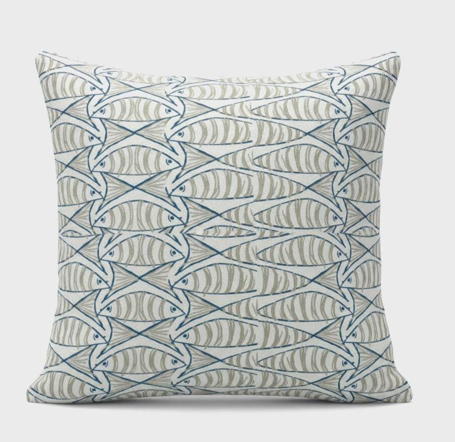 Cornish Sardines Sprats Cushion Cover , Seaside Fish Nautical Throw Pillow , Handmade UK