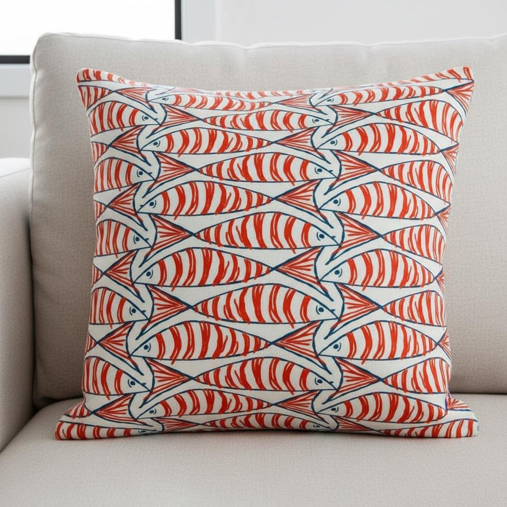 Cornish Sardines Sprats Cushion Cover , Seaside Fish Nautical Throw Pillow , Handmade UK