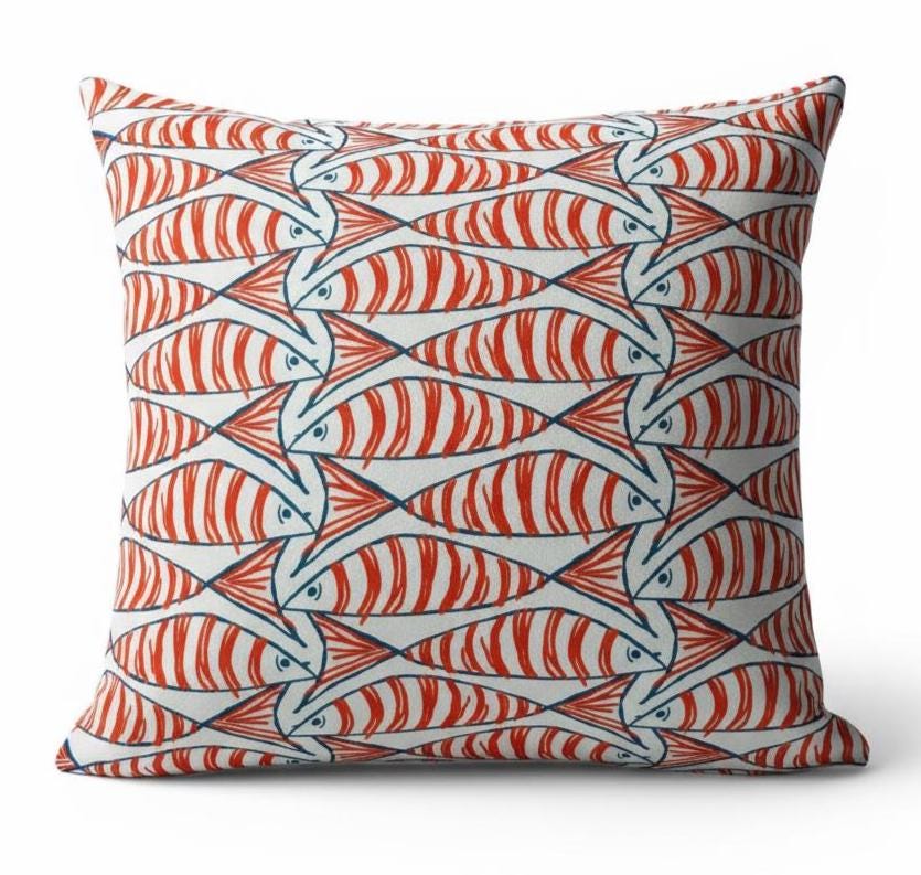 Cornish Sardines Sprats Cushion Cover , Seaside Fish Nautical Throw Pillow , Handmade UK