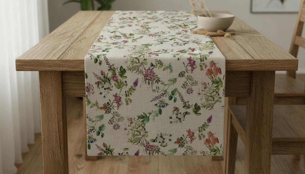 Botanical Garden Floral Natural Table Runner Napkins, Handmade UK