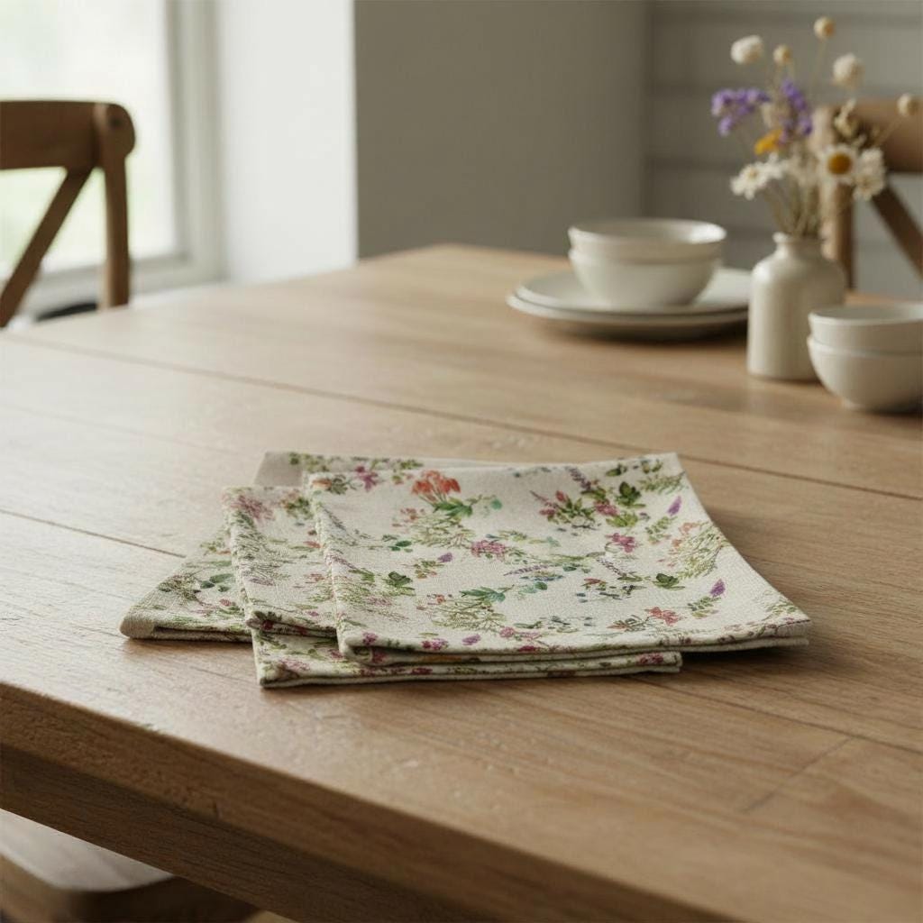 Botanical Garden Floral Tablecloth Napkins, Handmade Cotton Linen Look Fabric