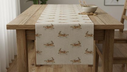 Leaping Hare Rabbit Beige Table Runner Napkins, Various Size, Handmade UK