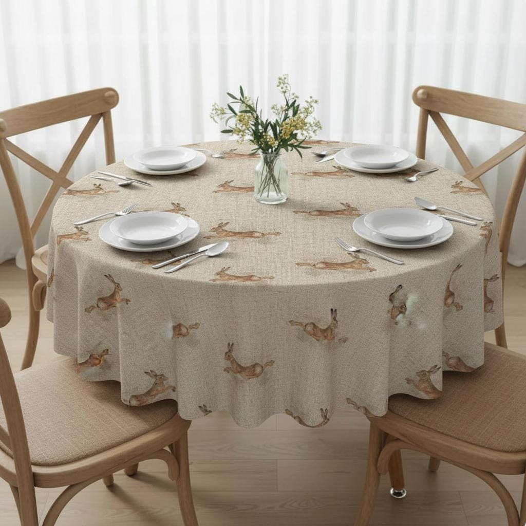 Leaping Hare Rabbit Beige Tablecloth Napkins, Round Oval Rectangle , Handmade UK