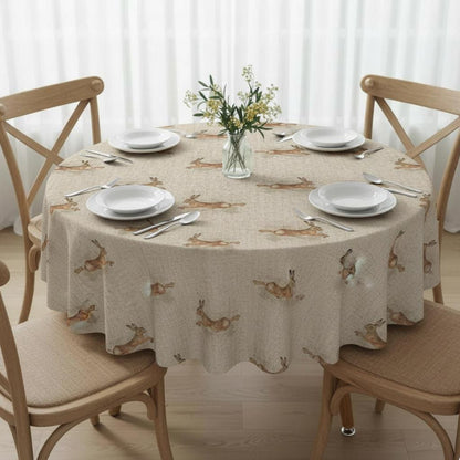 Leaping Hare Rabbit Beige Tablecloth Napkins, Round Oval Rectangle , Handmade UK