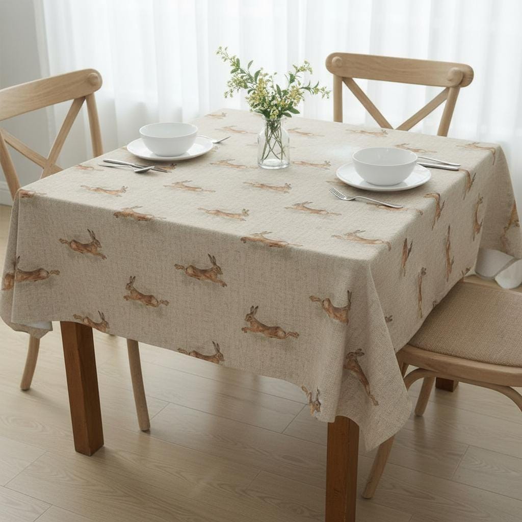 Leaping Hare Rabbit Beige Tablecloth Napkins, Round Oval Rectangle , Handmade UK