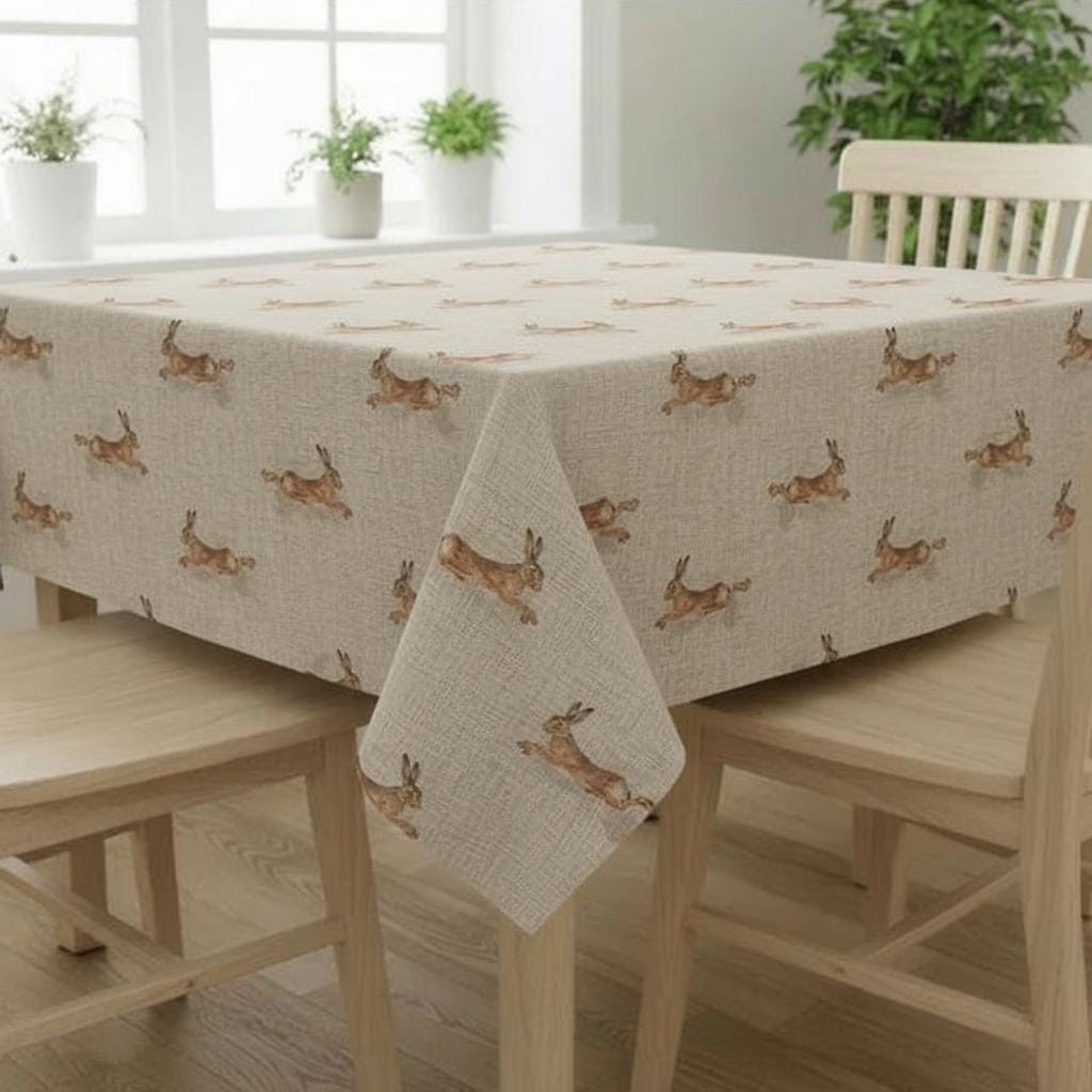 Leaping Hare Rabbit Beige Tablecloth Napkins, Round Oval Rectangle , Handmade UK