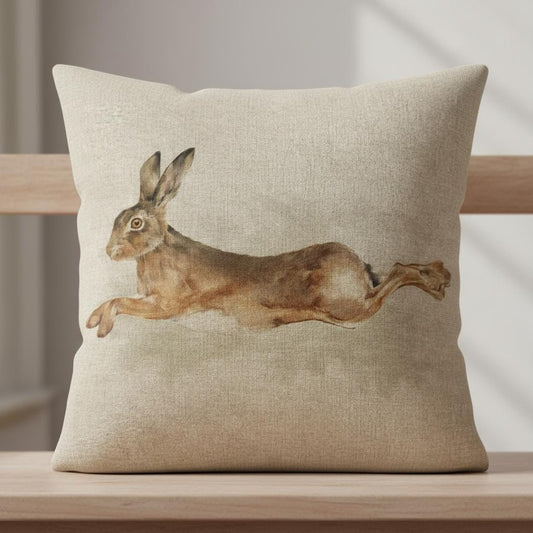 Leaping Hare Rabbit Beige Cushion Cover