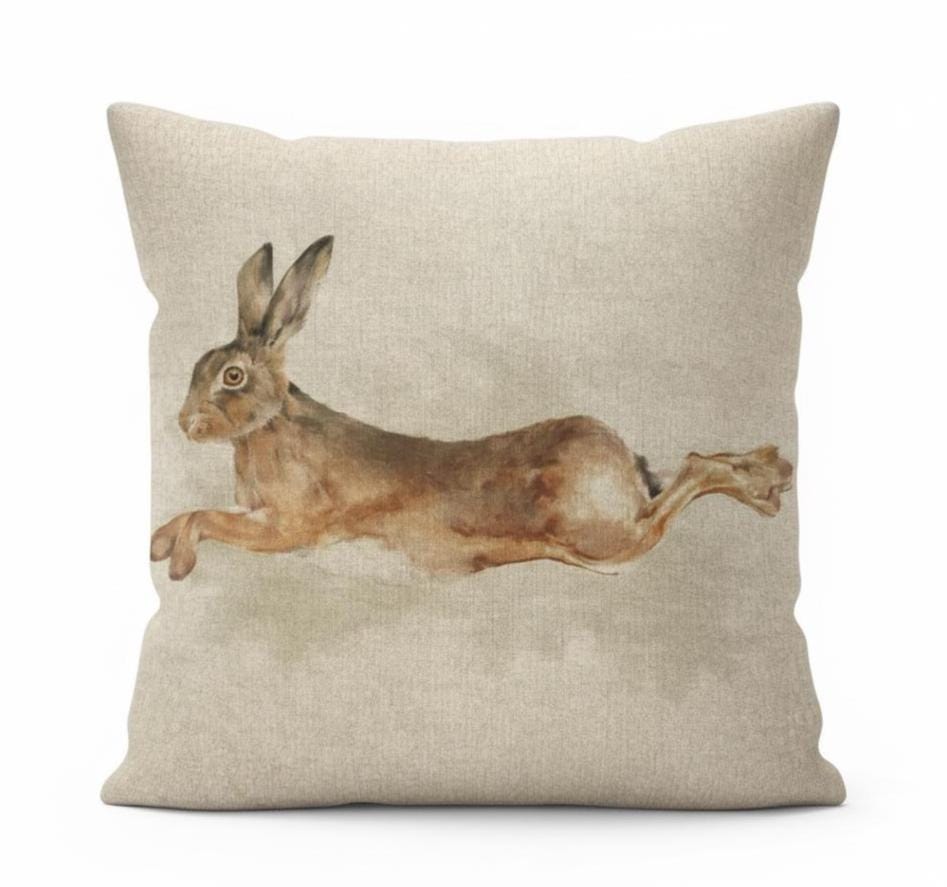 Leaping Hare Rabbit Beige Cushion Cover